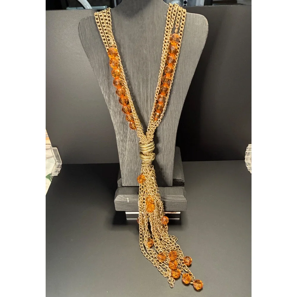 Vintage Gold Chain Fringe Necklace Amber Faceted Bead Statement